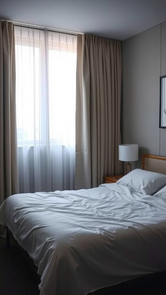 A cozy bedroom with soft sheer curtains and heavier drapes, enhancing warmth and inviting light.