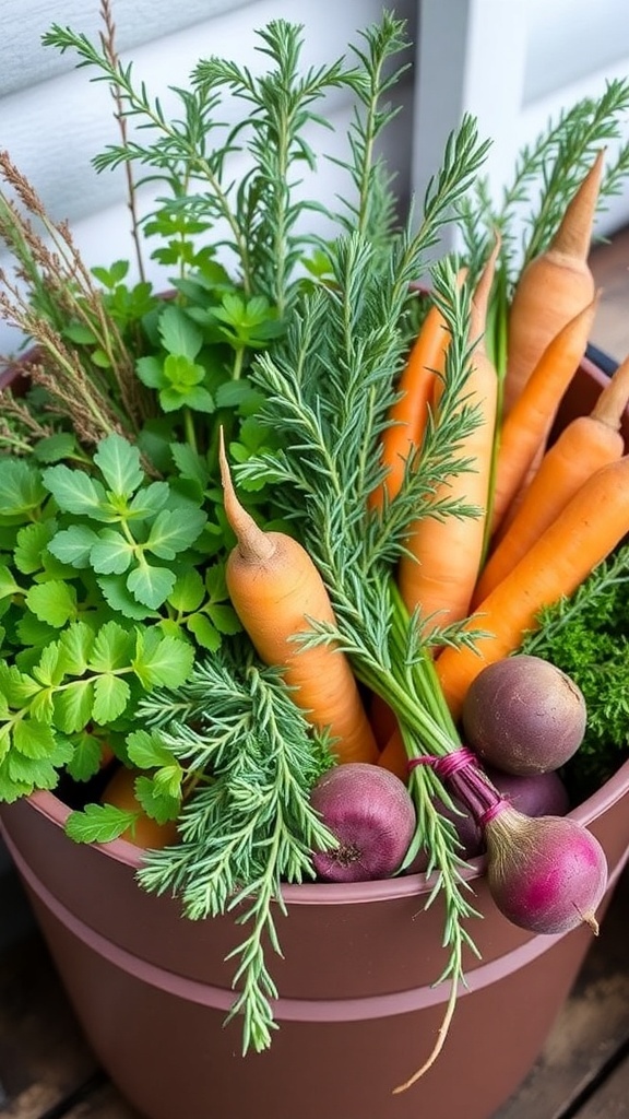 A mix of fresh herbs and root vegetables in a rustic container.