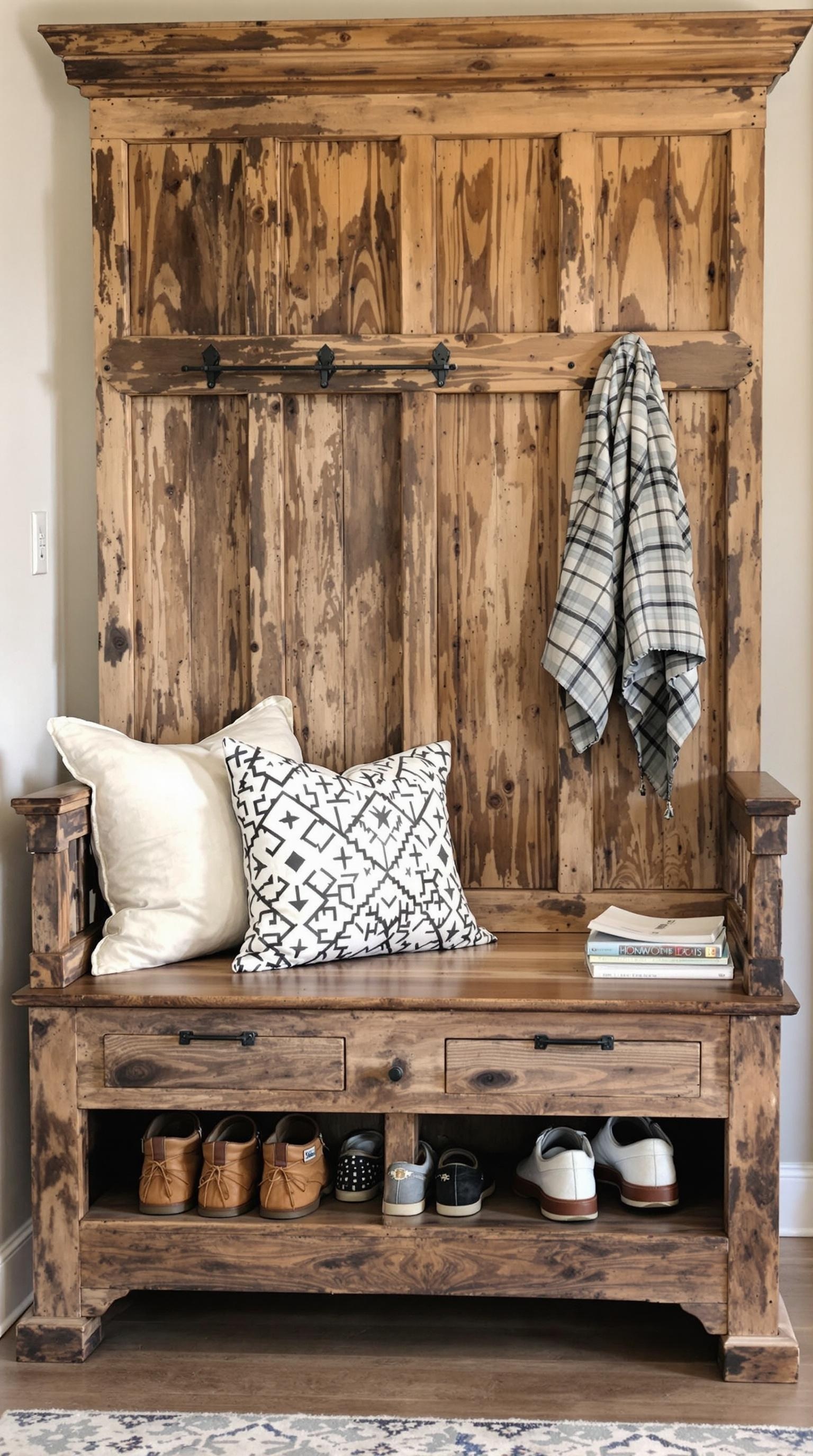 Rustic wooden bench with storage, featuring pillows and shoes underneath