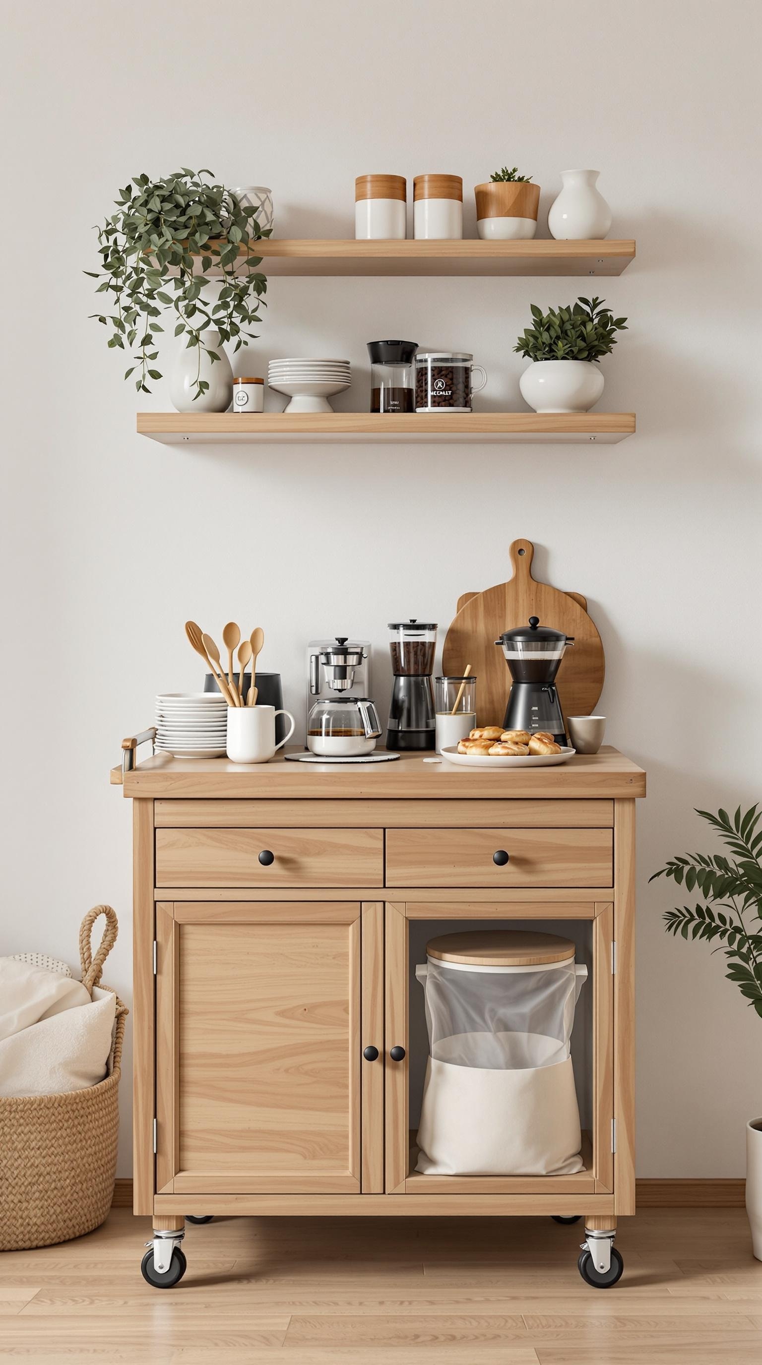 A rustic wooden coffee cart with a coffee maker, cups, and decorative items on display.