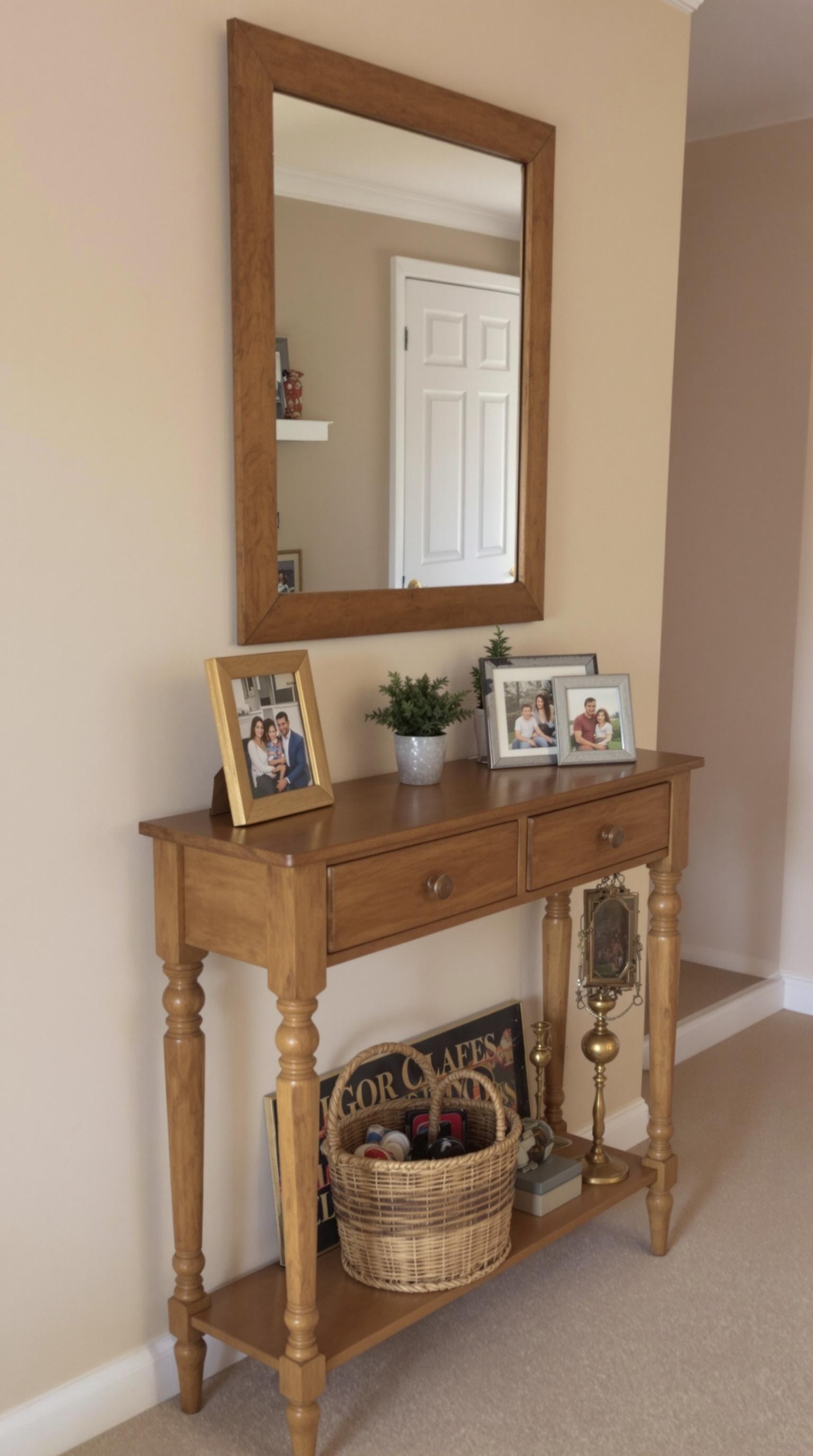 A rustic wooden console table with a mirror, picture frames, and a small plant.