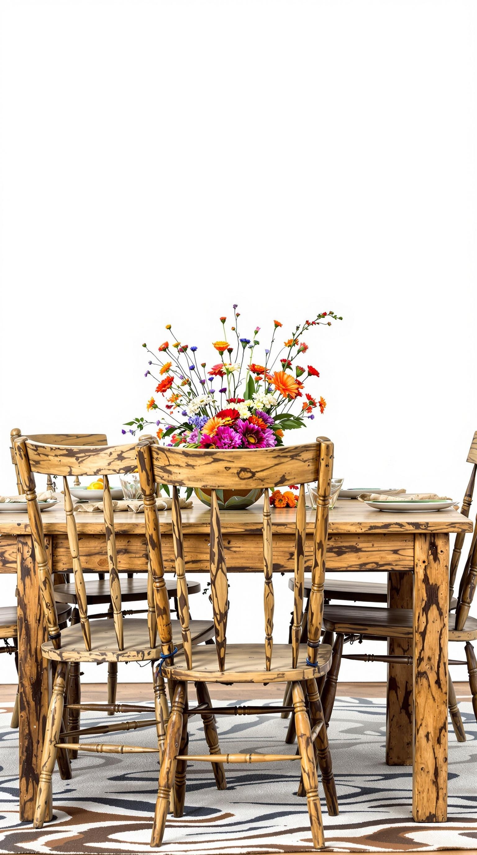 Rustic wooden dining chairs around a wooden table with a colorful flower arrangement