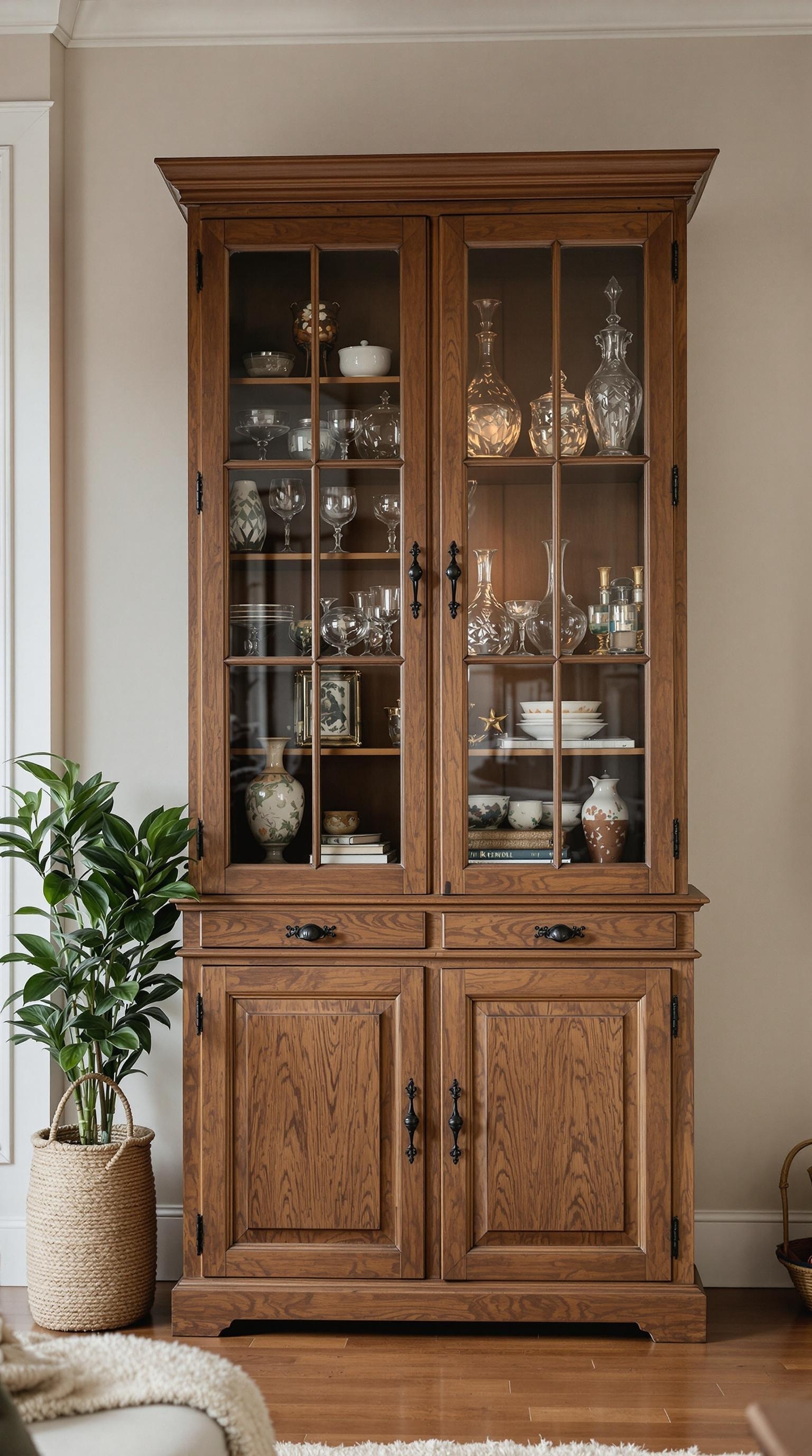 A rustic wooden display cabinet with glass doors showcasing decorative items and plants.