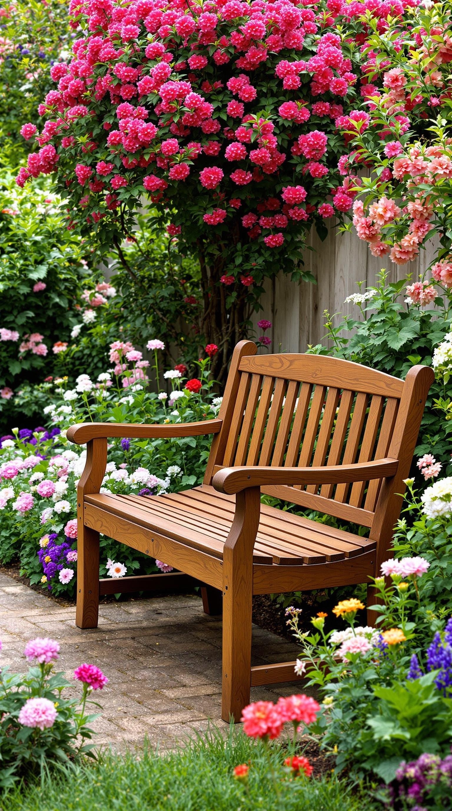 A wooden garden bench surrounded by colorful flowers