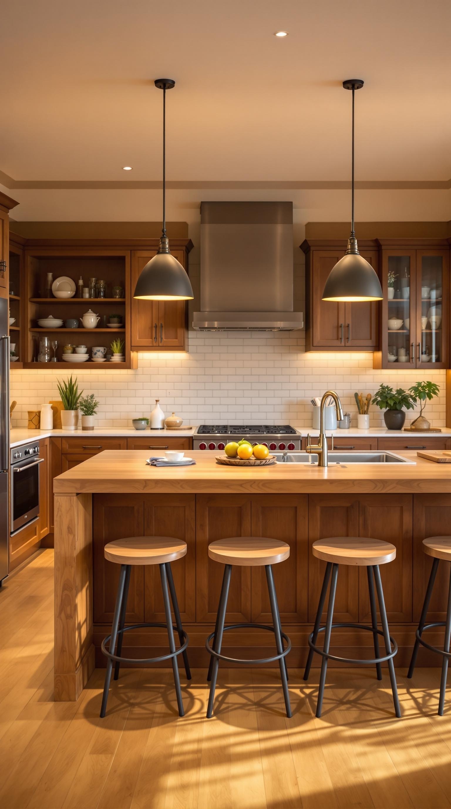 A wooden kitchen island with bar stools and pendant lighting in a modern kitchen.