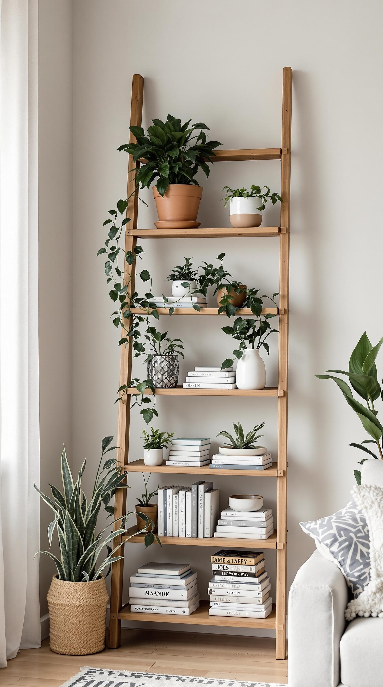 A wooden ladder shelf filled with plants and books, showcasing a rustic decor style.