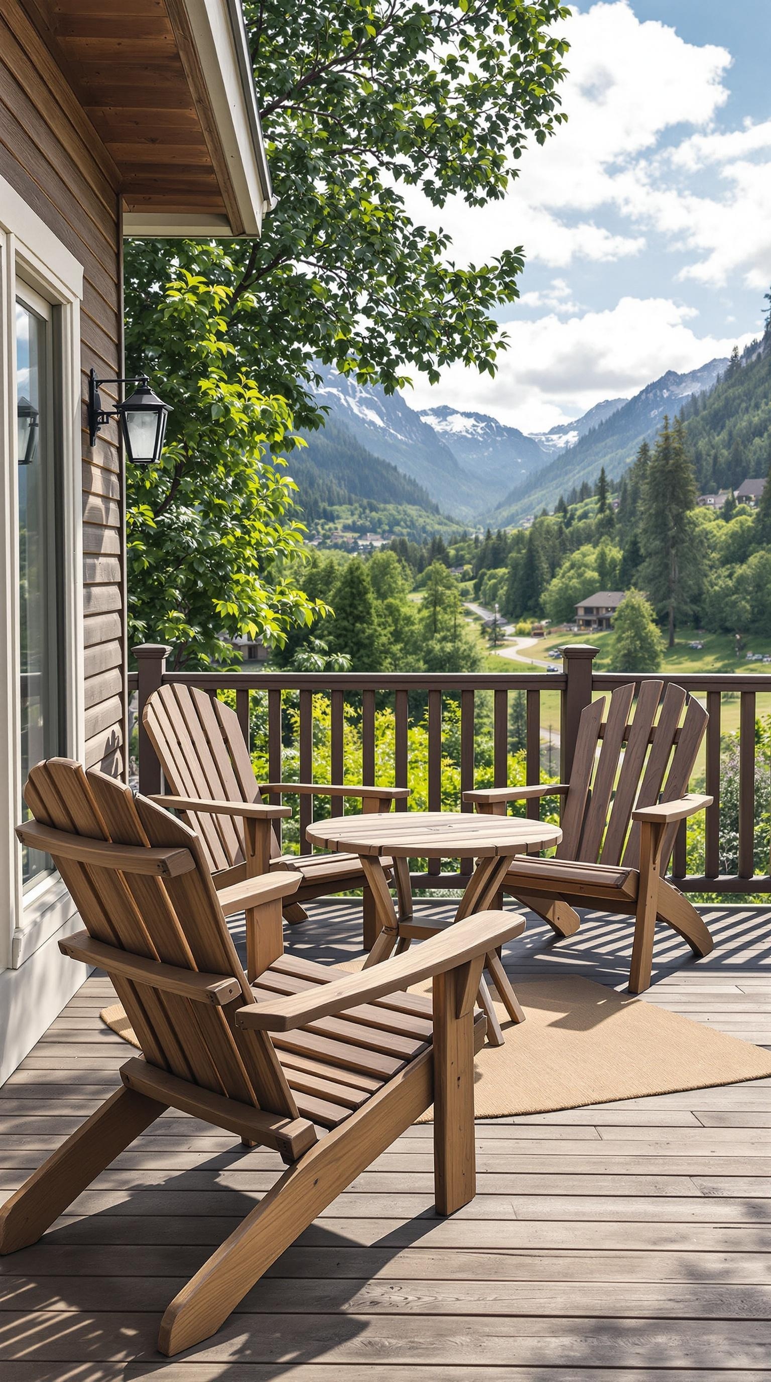 A wooden patio furniture set with two Adirondack chairs and a round table on a deck overlooking mountains and greenery.