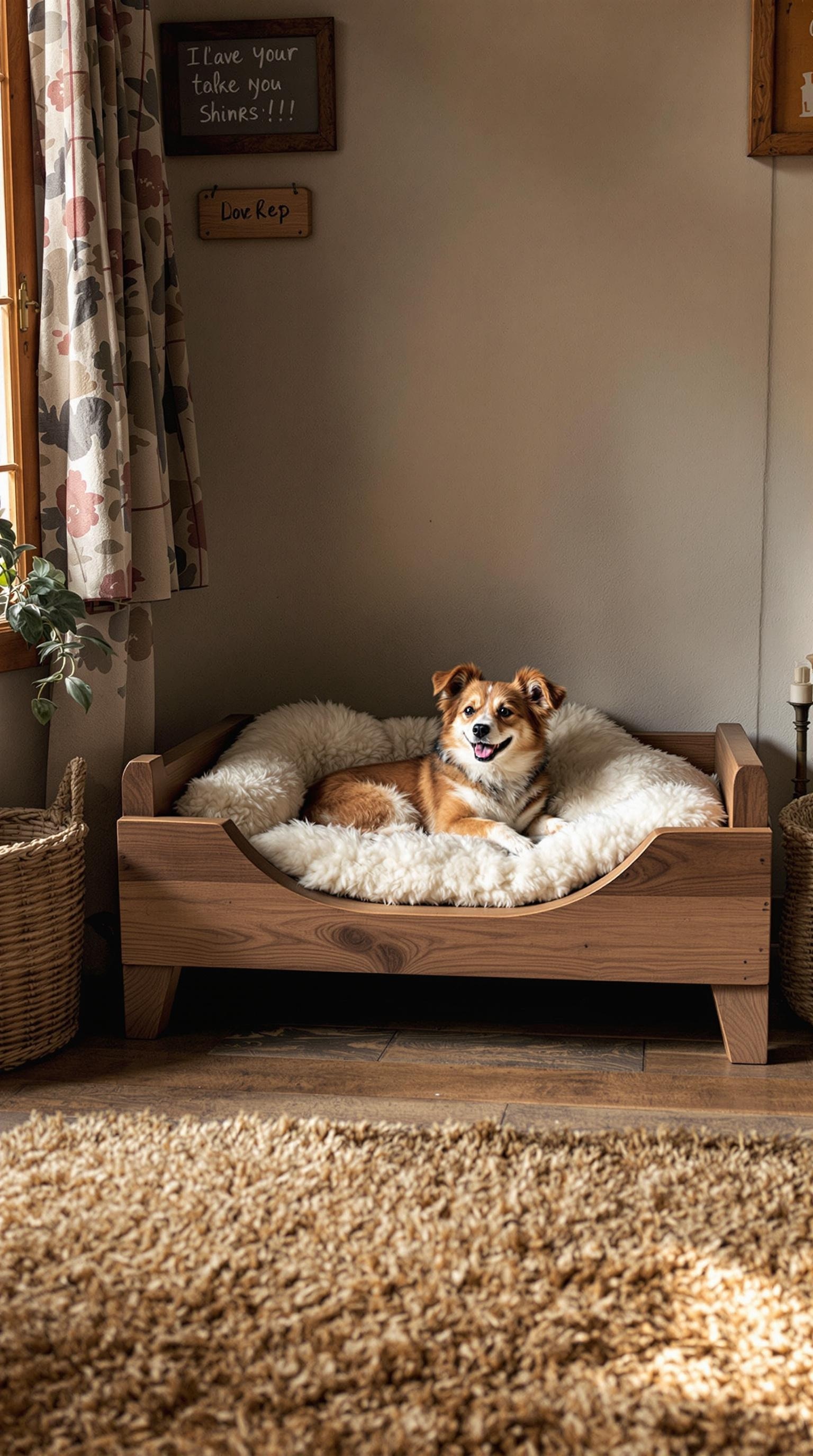 A wooden pet bed with a fluffy interior, featuring a happy dog lounging comfortably.