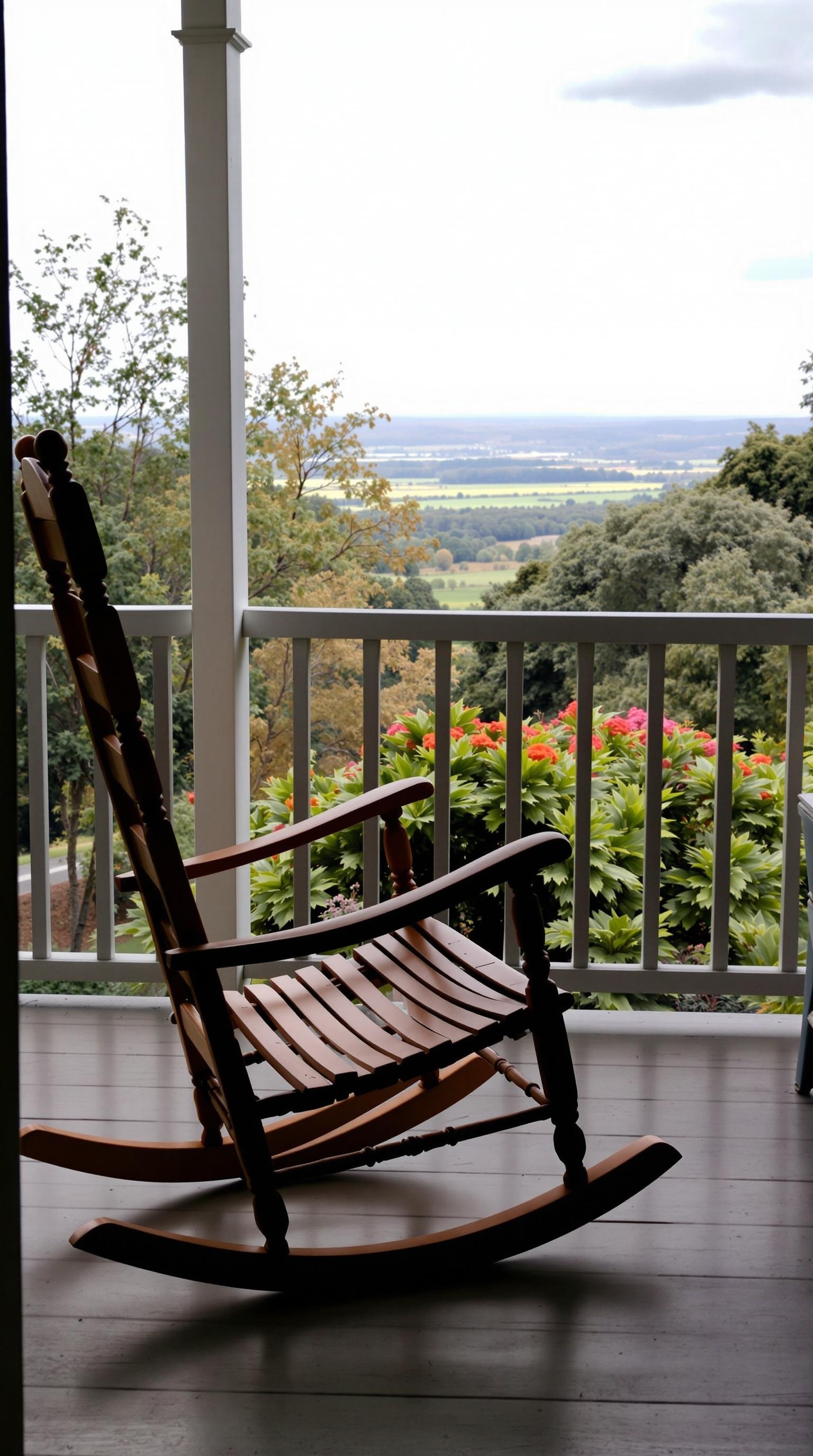 A wooden rocking chair on a porch overlooking a scenic view