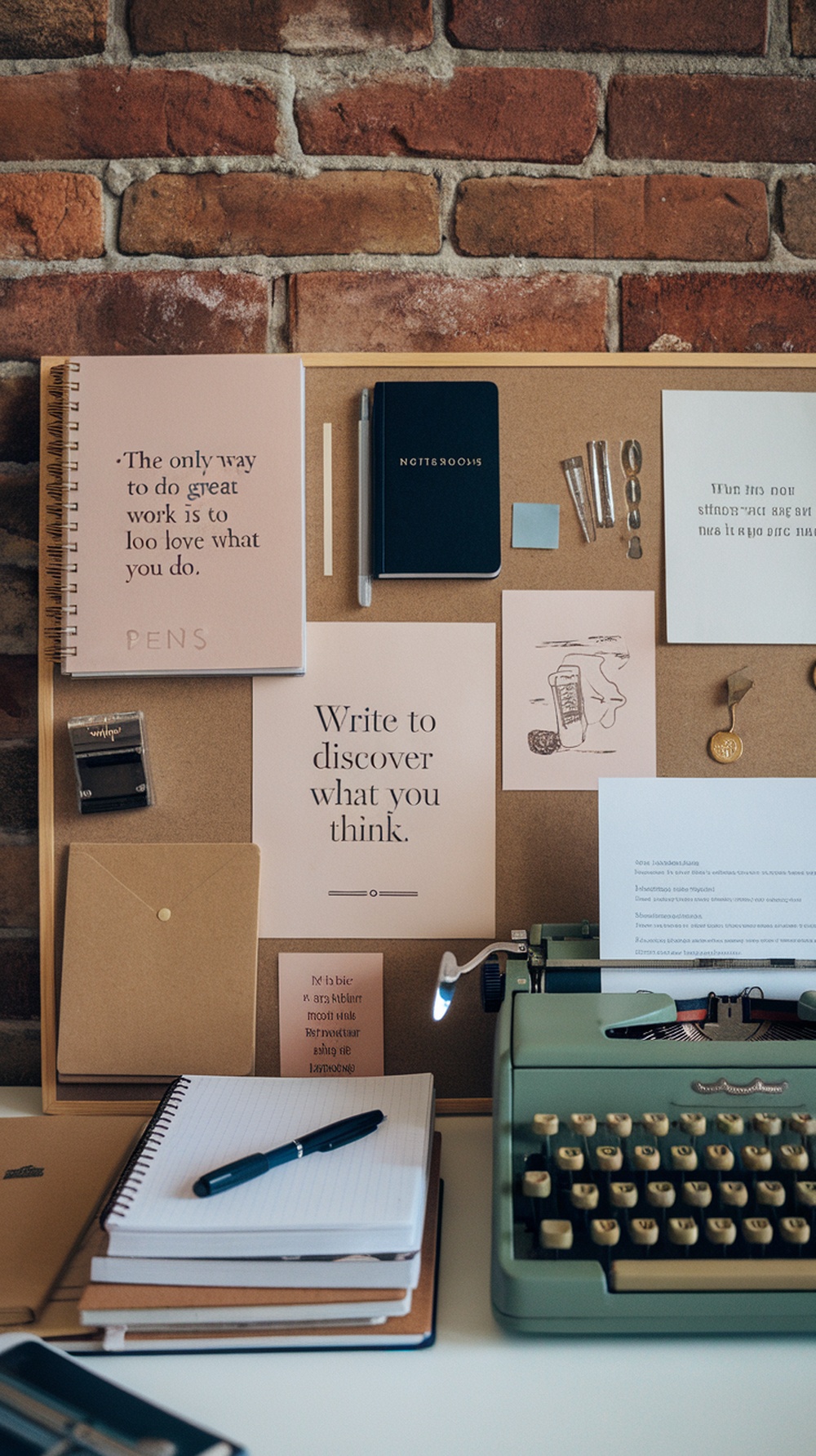 A cozy workspace featuring a typewriter, notebooks, and inspiring quotes on a corkboard.