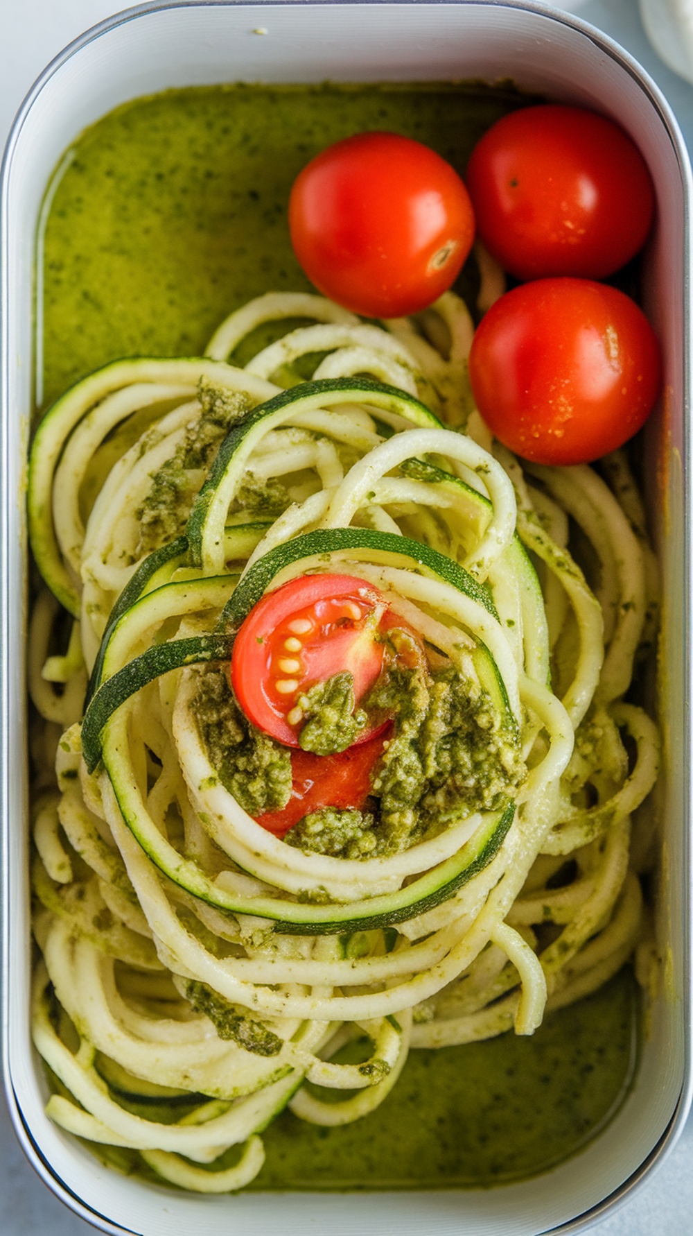 A lunch box containing zucchini noodles tossed in pesto sauce, topped with cherry tomatoes.
