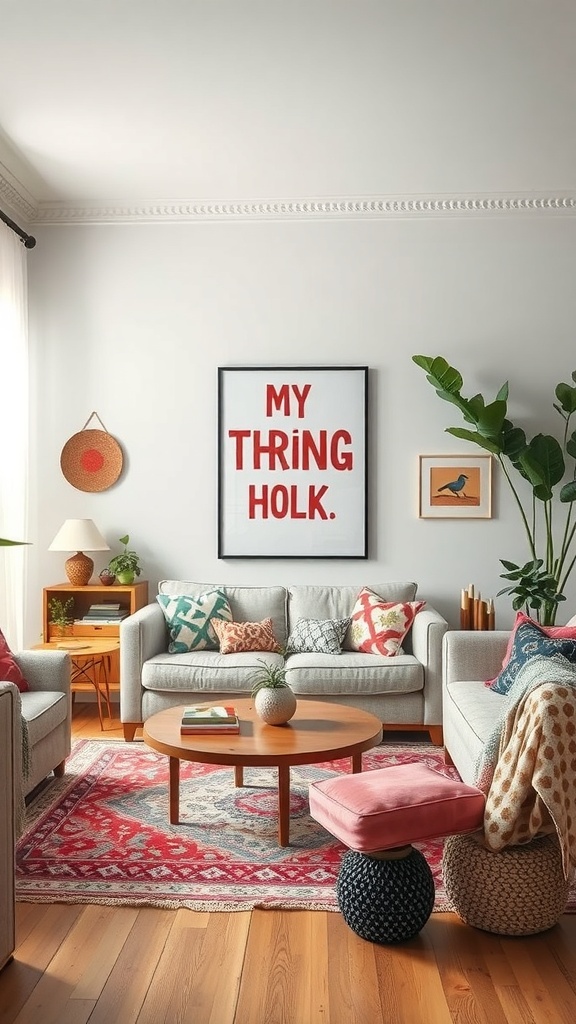 A cozy boho living room featuring light sofas, colorful throw pillows, a round coffee table, and plants.