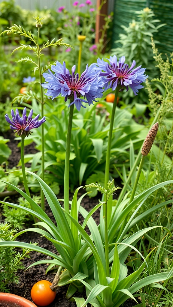 Agapanthus flowers in an edible garden with green foliage and orange fruits