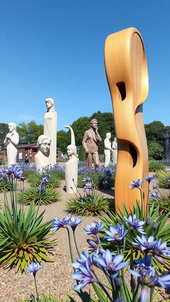 A garden featuring blue Agapanthus flowers and various sculptures under a clear blue sky.