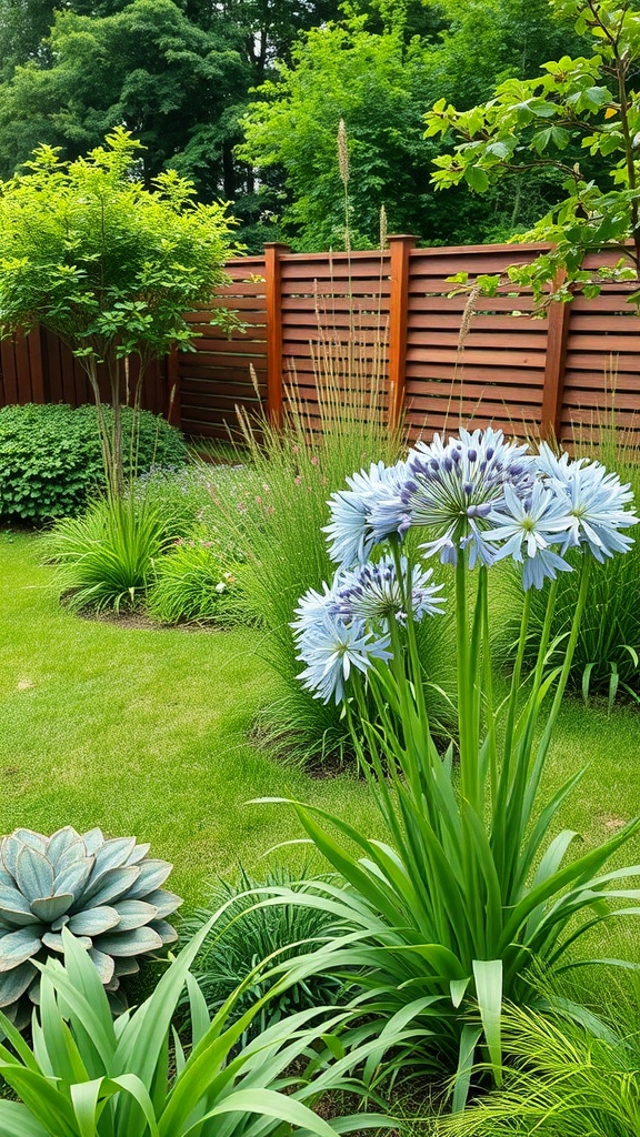 A garden featuring Agapanthus flowers surrounded by lush greenery and a wooden fence.