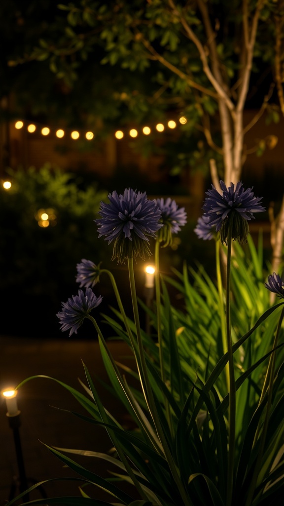 Agapanthus flowers illuminated by garden lights at night