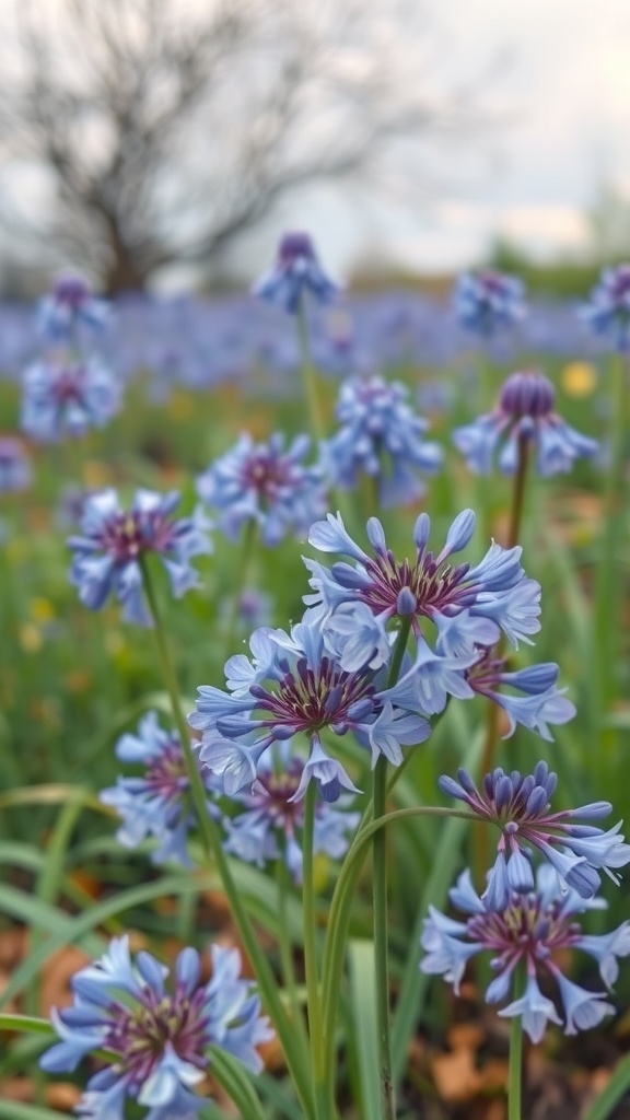 A close-up view of blue Agapanthus flowers in a garden setting.