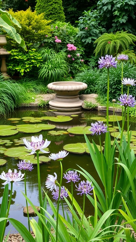 A garden featuring agapanthus flowers beside a serene pond with lily pads and lush greenery.