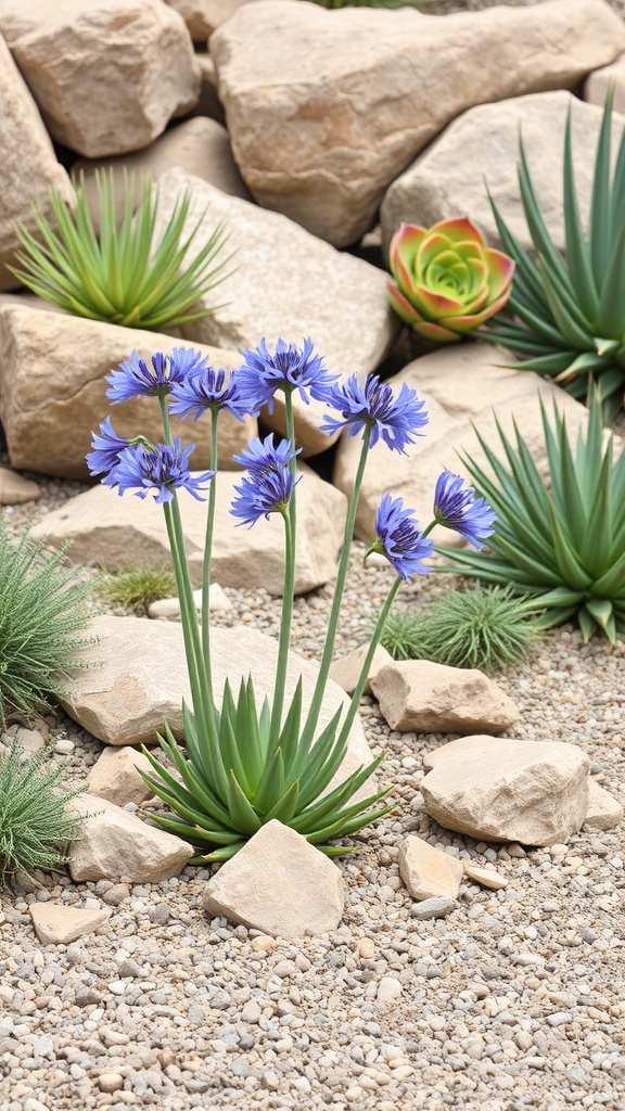 Agapanthus flowers surrounded by rocks and succulents in a xeriscaped garden
