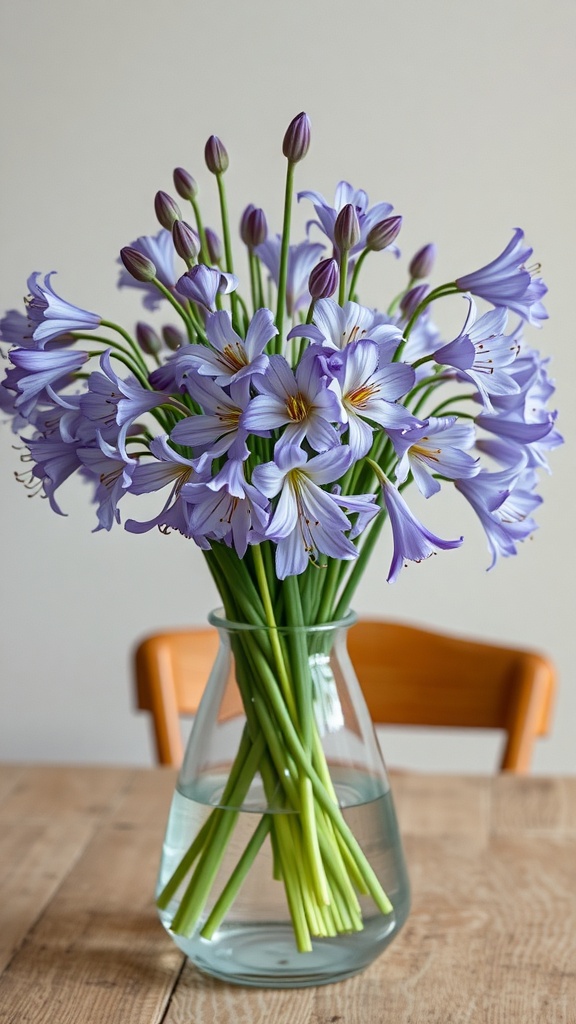 A vase filled with Agapanthus flowers, showcasing their blue and purple blooms.