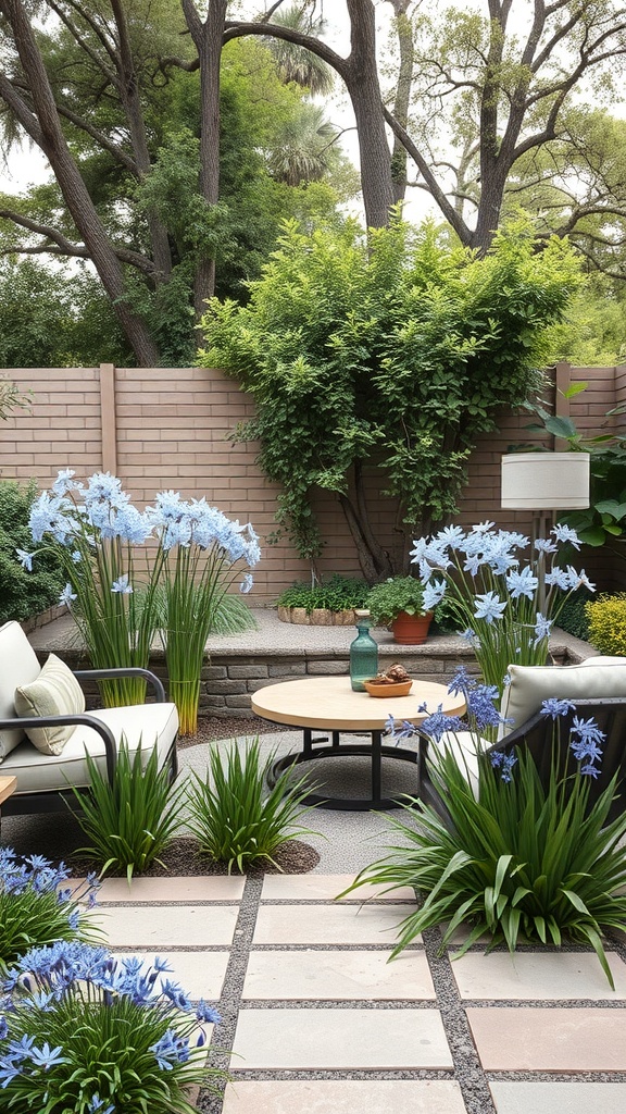 A cozy backyard retreat featuring agapanthus flowers, comfortable seating, and lush greenery.