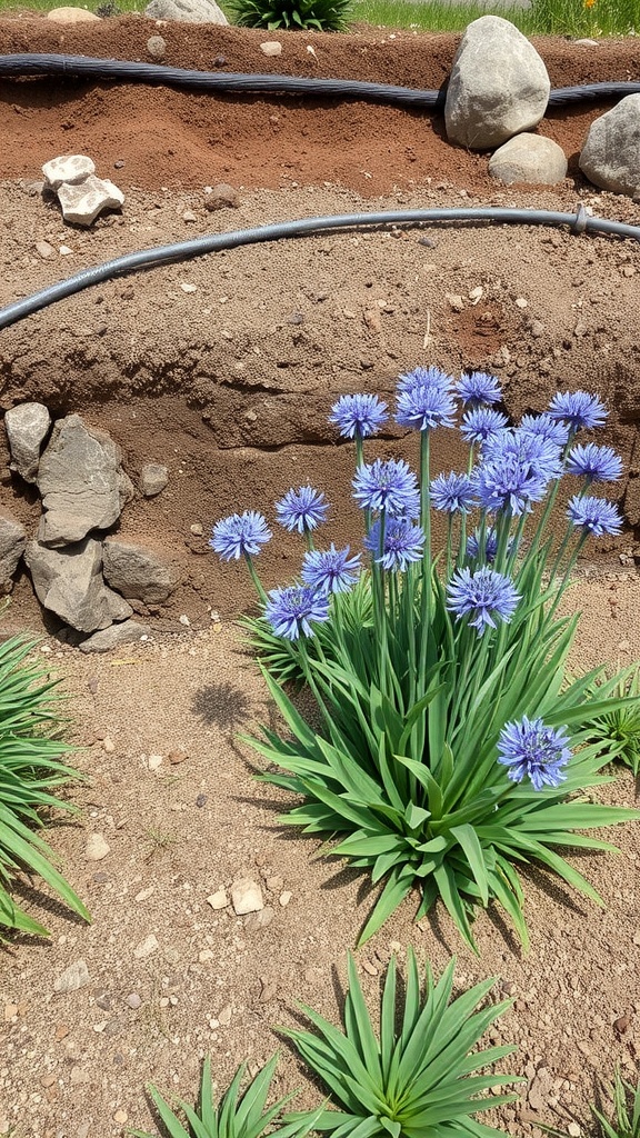 A cluster of Agapanthus flowers in a garden, surrounded by soil and rocks.