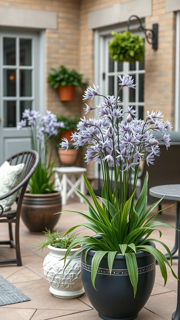Beautiful agapanthus plants in stylish containers on a patio.