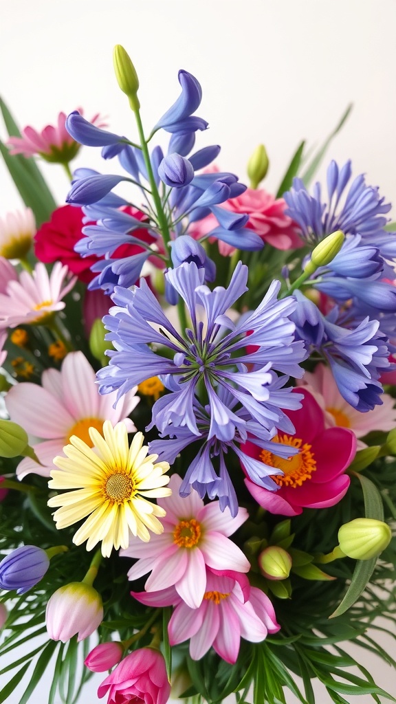 A vibrant floral arrangement featuring Agapanthus flowers in shades of blue and purple, surrounded by pink and yellow daisies and tulips.