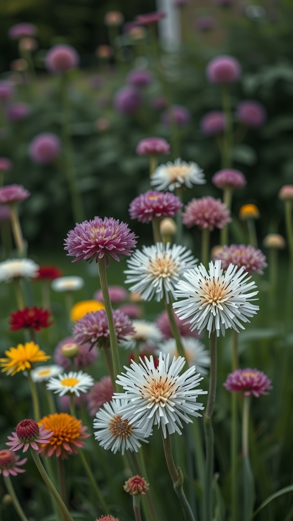 A colorful garden featuring various allium flowers in shades of purple, white, and yellow.