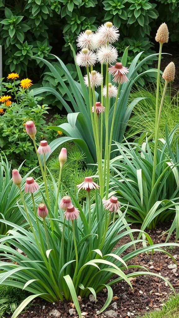 A garden featuring various allium plants with unique flowers and green foliage.