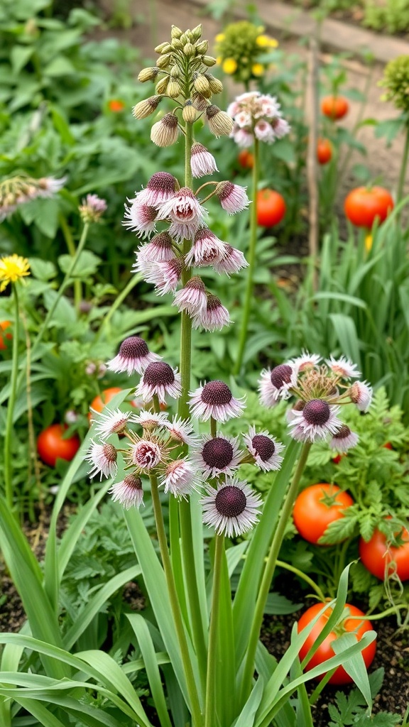 A garden featuring blooming alliums and ripe tomatoes.