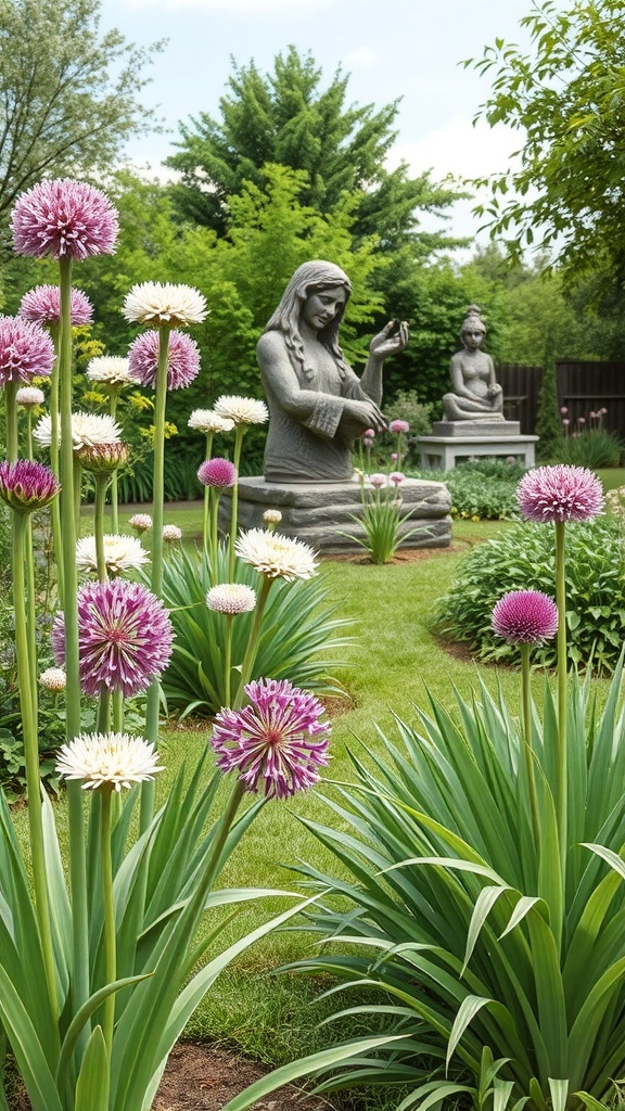A garden featuring vibrant alliums and artistic sculptures, creating a serene and inviting atmosphere.