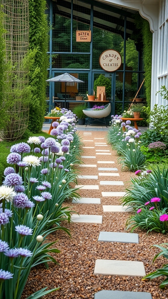 A garden pathway lined with colorful alliums and smooth stones.
