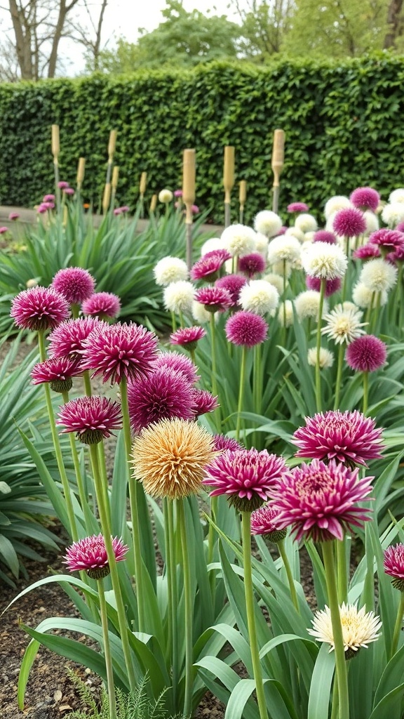 A garden featuring purple and white alliums with lush green foliage.