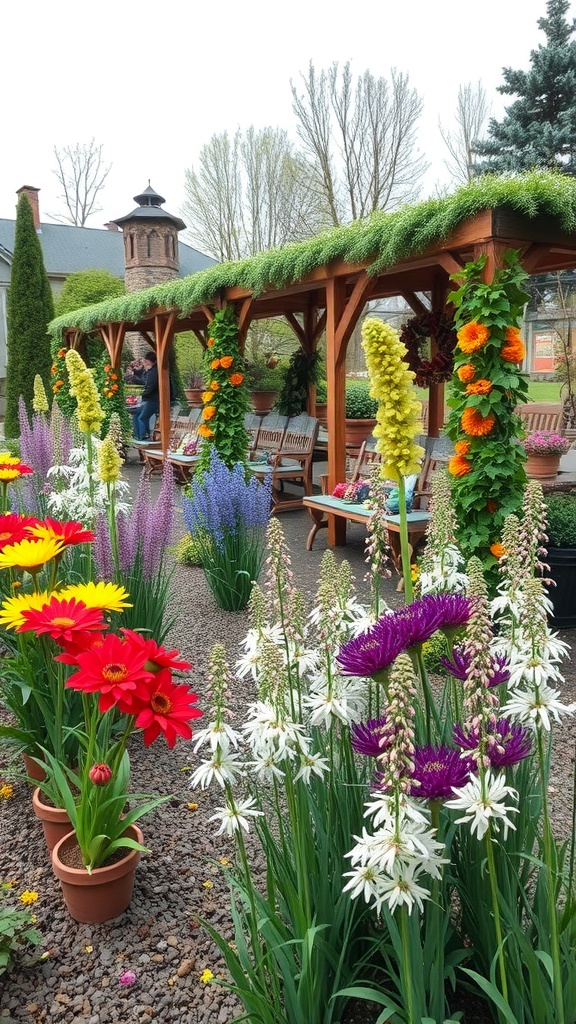 A colorful garden featuring alliums and other flowers, with a wooden structure and benches in the background.