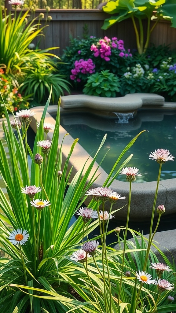 A garden featuring alliums and a water feature, with vibrant flowers and green foliage.