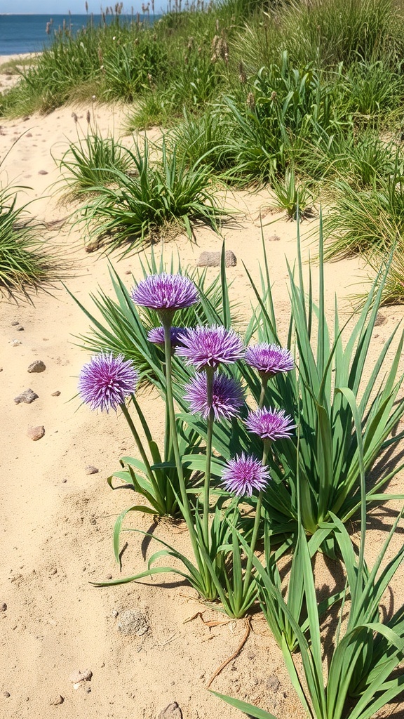 Purple allium flowers growing in a sandy coastal garden with beach grass and the ocean in the background.