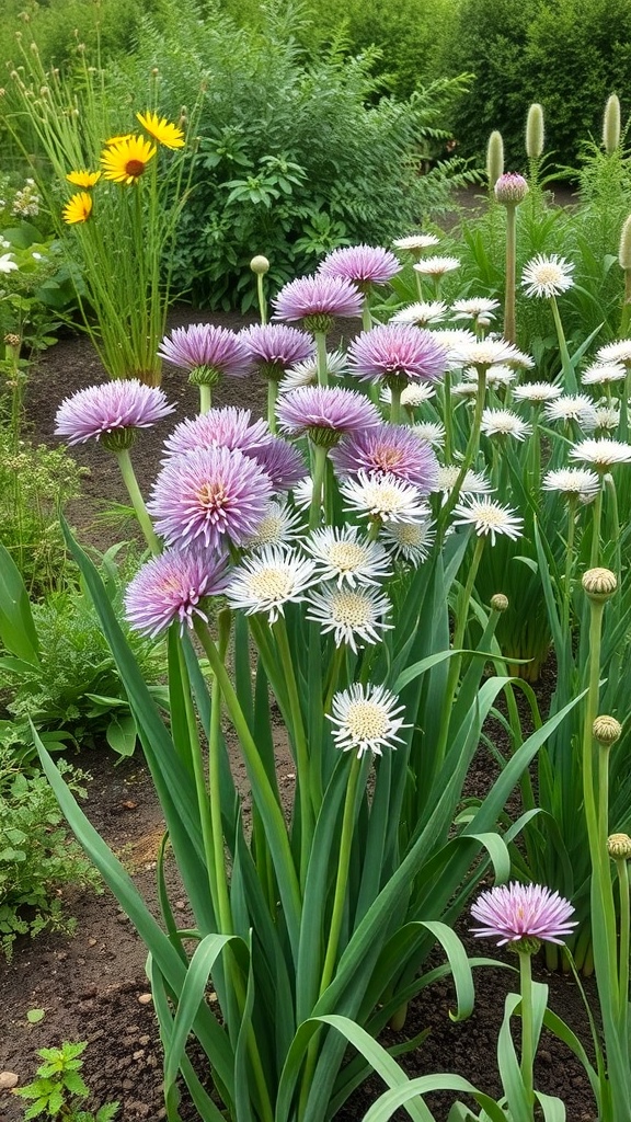 A garden featuring purple and white alliums among lush greenery