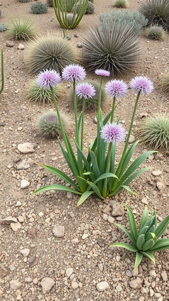 Clusters of purple alliums in a drought-tolerant garden with various plants.