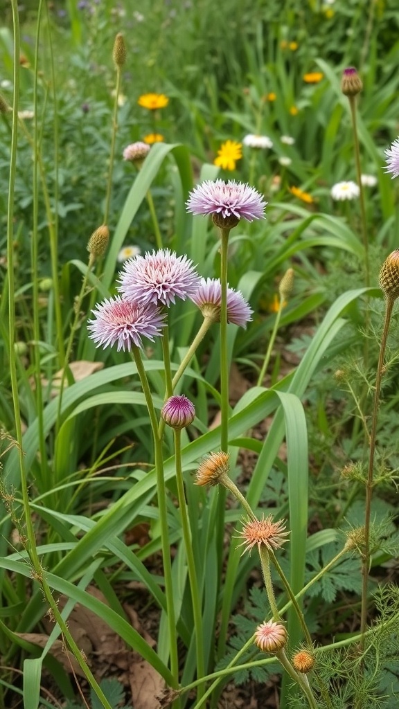 A garden scene featuring alliums with purple flowers among green foliage and other wildflowers.