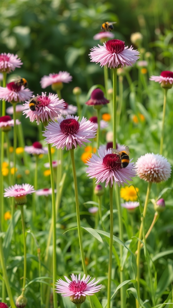 A vibrant garden filled with allium flowers and bees buzzing around.