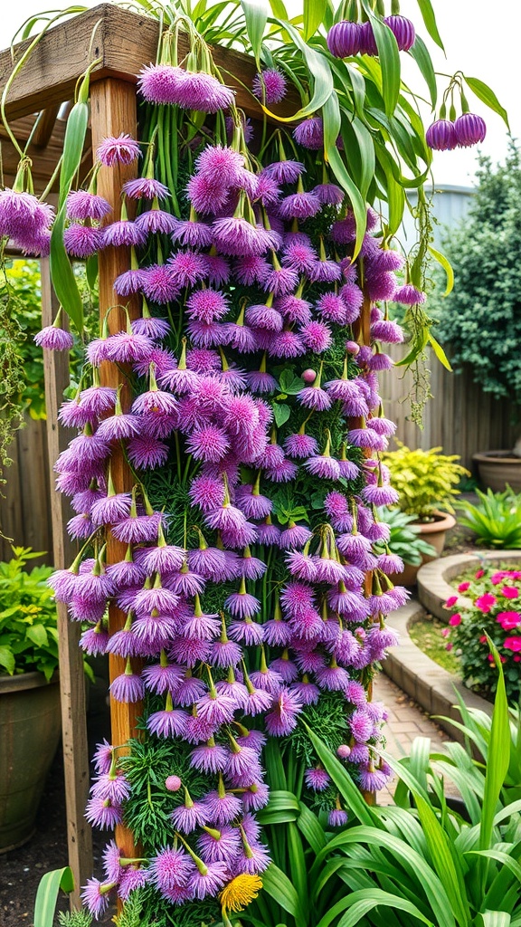 A vertical garden featuring vibrant purple alliums cascading down a wooden structure.