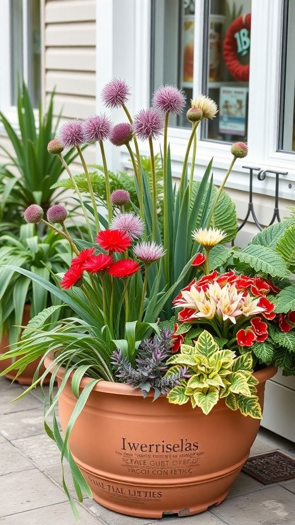 A container garden featuring alliums and colorful flowers, showcasing vibrant blooms and lush greenery.