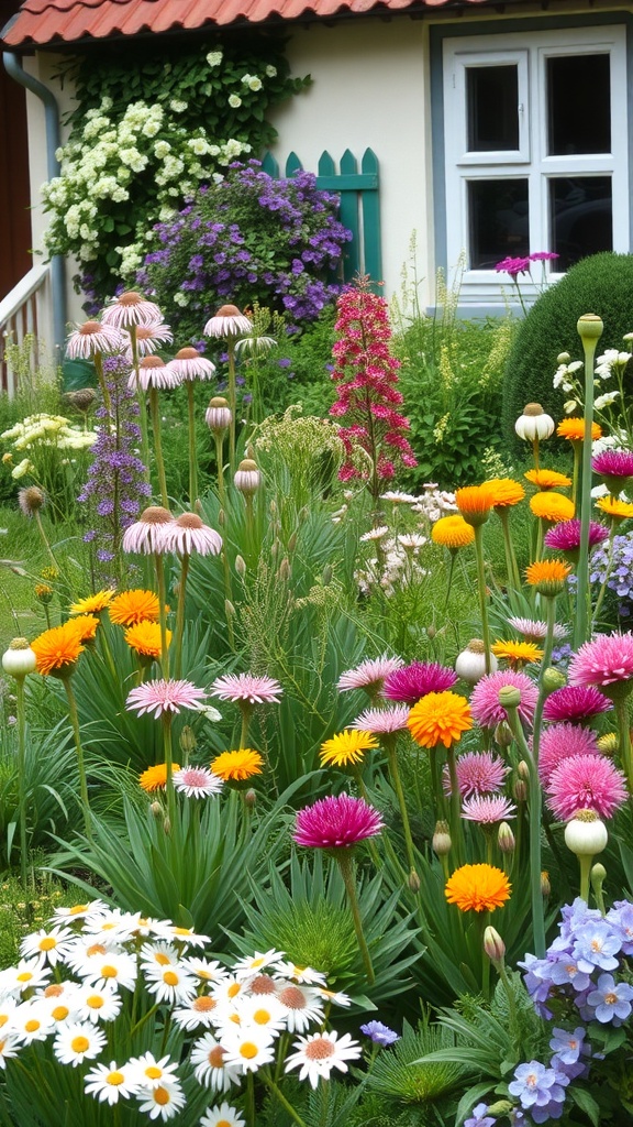 Colorful cottage garden filled with alliums and other flowers