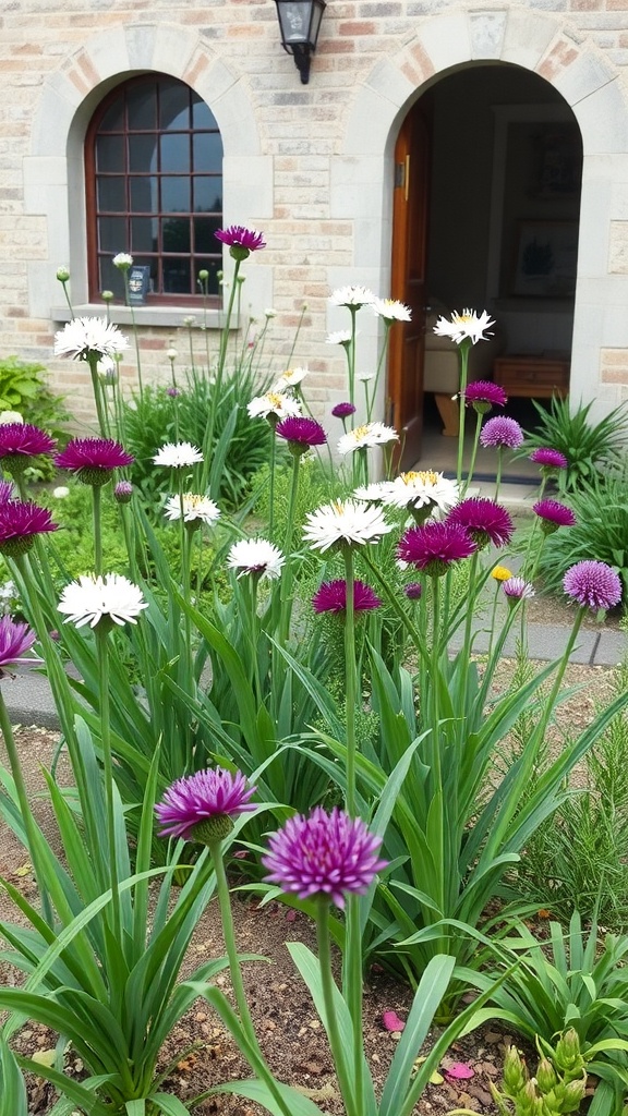 A garden with purple and white alliums in front of a stone building.