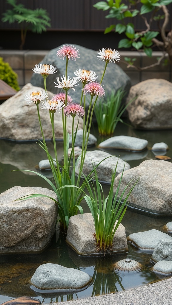 Alliums blooming near a tranquil pond in a Japanese garden