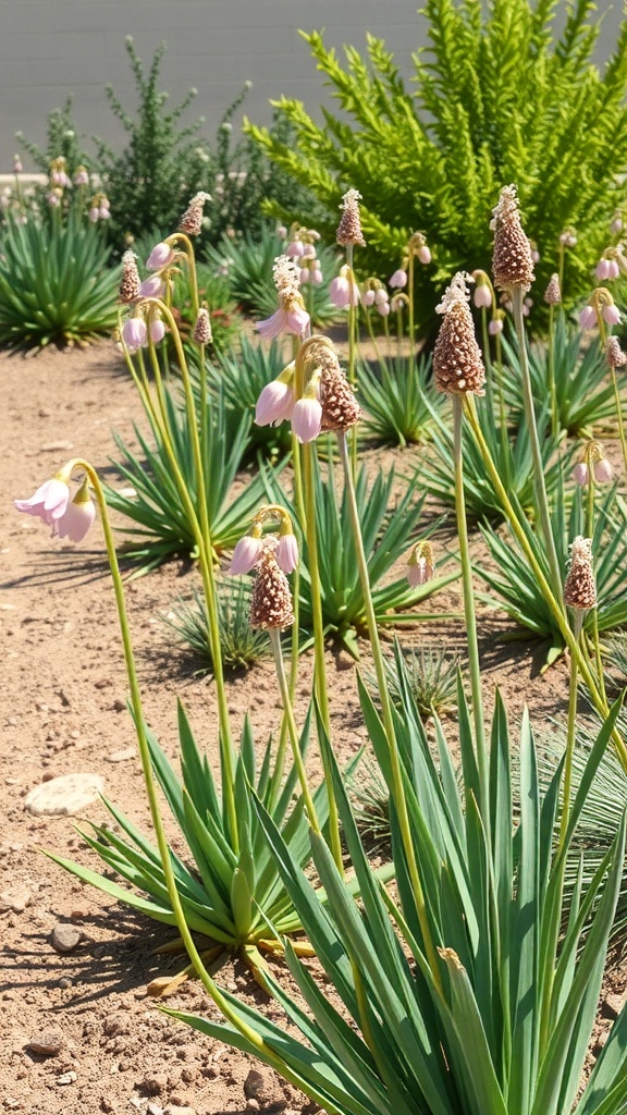 Alliums with pink flowers and green foliage in a Mediterranean garden setting.