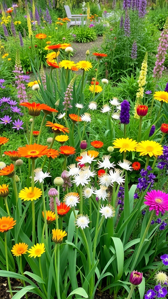 A colorful mixed flower bed featuring alliums, daisies, and gerberas.