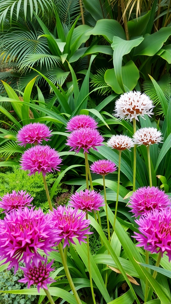 Vibrant pink and white alliums in a tropical garden surrounded by lush green foliage.