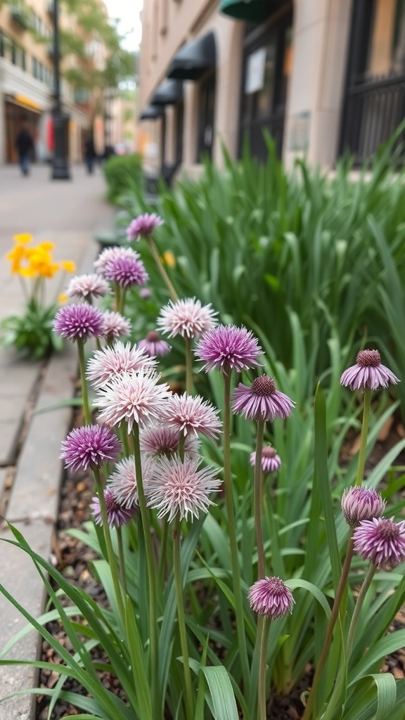 A cluster of purple alliums in an urban garden with green foliage and yellow flowers in the background.